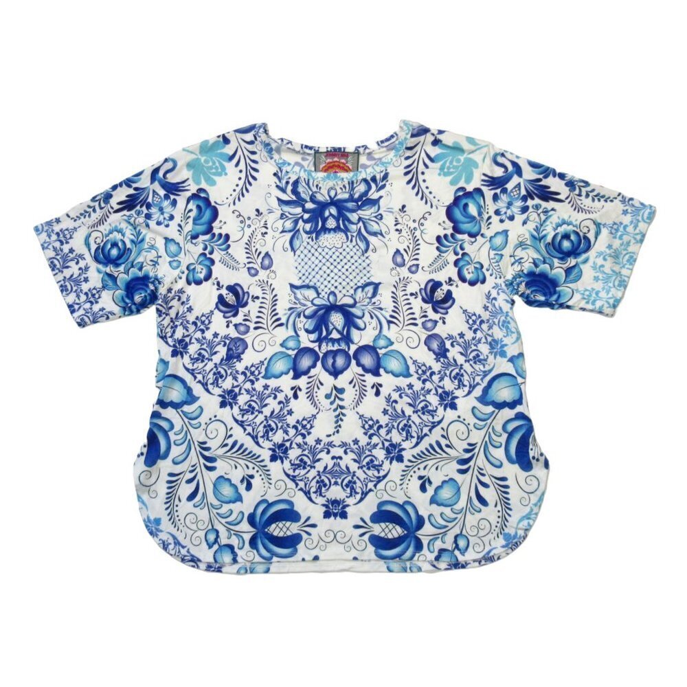 NWT Johnny Was Farrow Oversized Cropped Tee in Blue Floral Jersey T-Shirt Top M